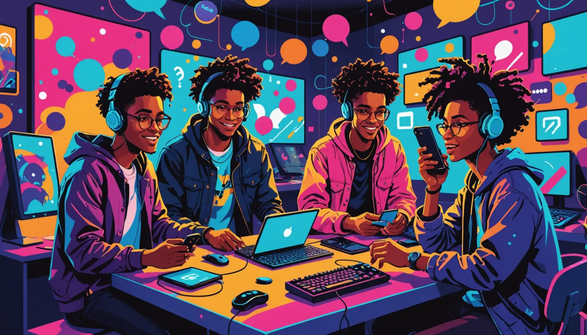 Illustration showing chat bubbles and gamers with the phrase what does spwn mean in text implied