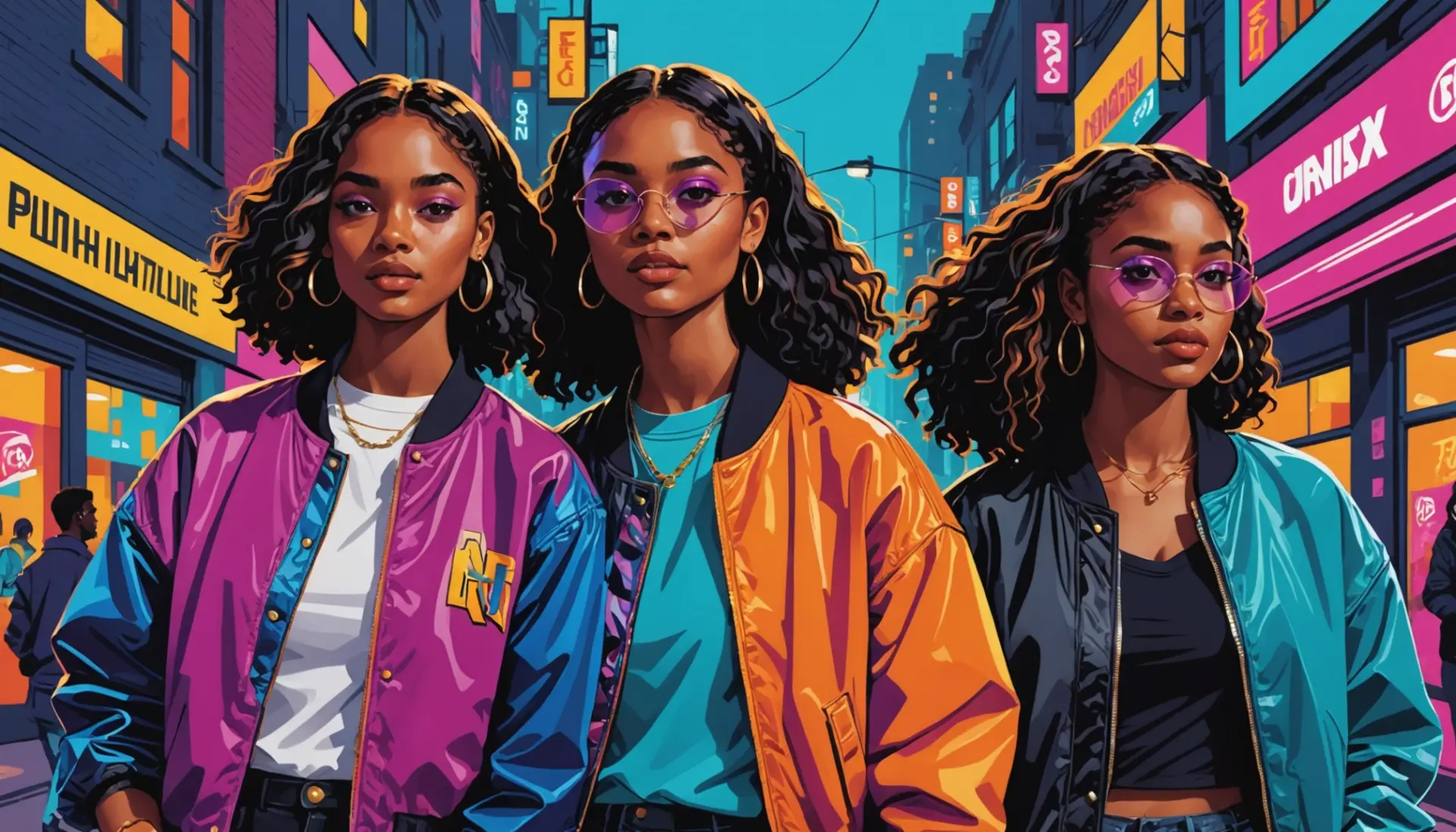 Editorial illustration showing young people embodying finesse meaning slang, vibrant street style, confident posture