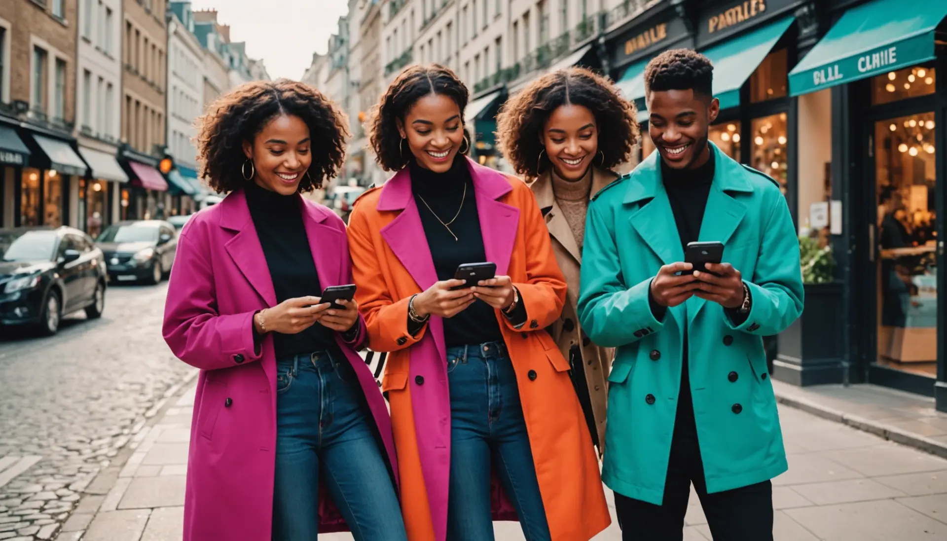 Editorial illustration showing young people searching 'chic urban dictionary' on a phone, vibrant street-style scene with chic outfits