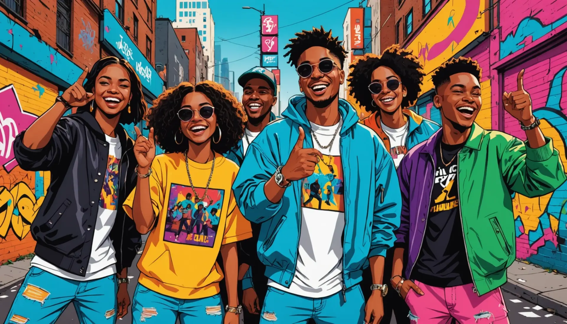 Editorial illustration showing a lively street scene representing urban dictionary ratchet with colorful characters and bold attitude