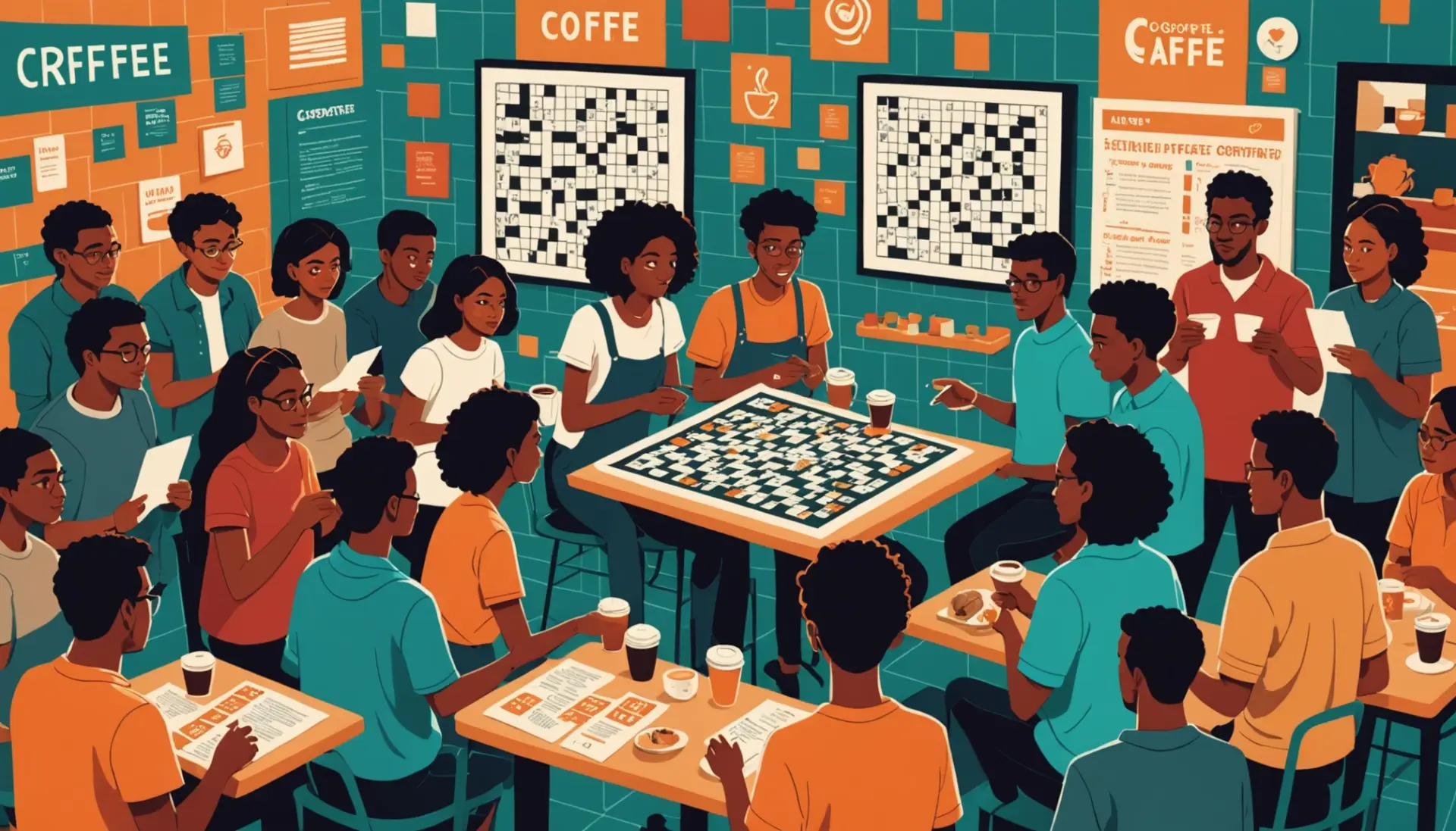 Vibrant editorial scene evoking potato in slang crossword with playful characters solving a puzzle