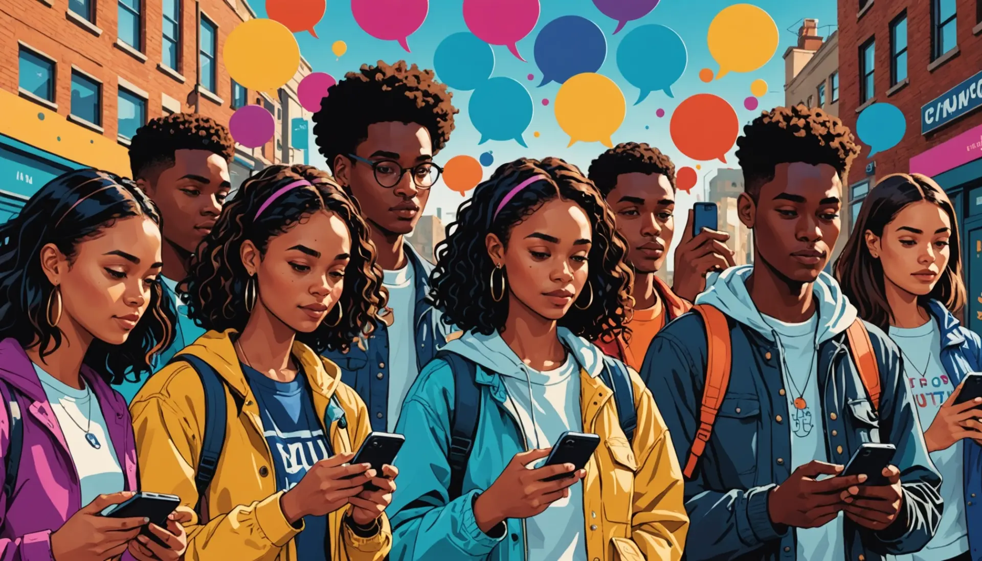 Editorial illustration showing people texting 'IMU' with hearts, representing imu meaning slang