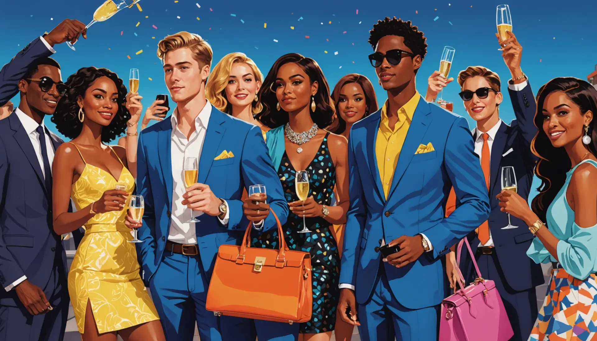 Editorial illustration of ostentatious spenders in slang showing flashy outfits and luxury items