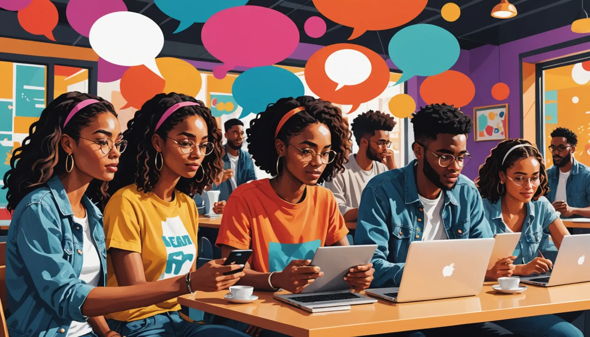 Editorial illustration of people using phones and laptops with the phrase pdm urban dictionary visible as concept