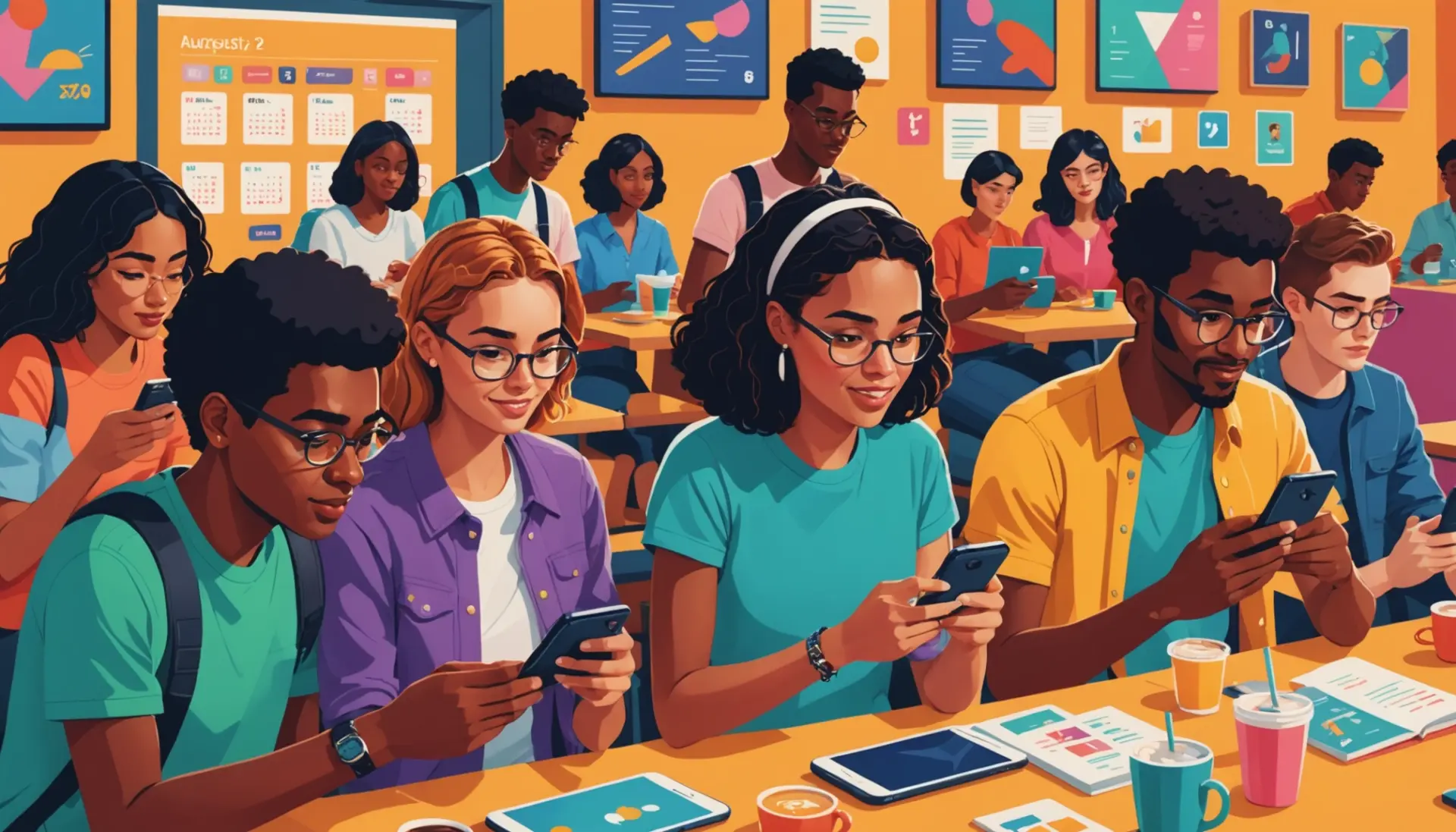 Editorial illustration showing people searching august 8th urban dictionary on phones