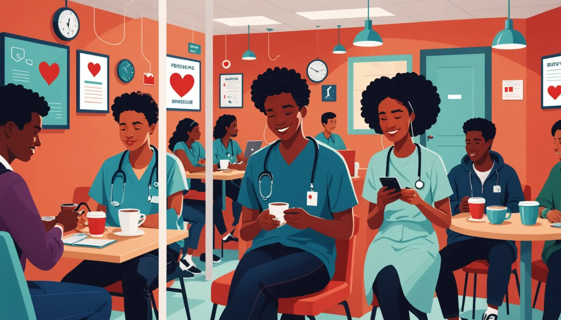 Editorial illustration representing dnr meaning slang bp with people texting and medical icons