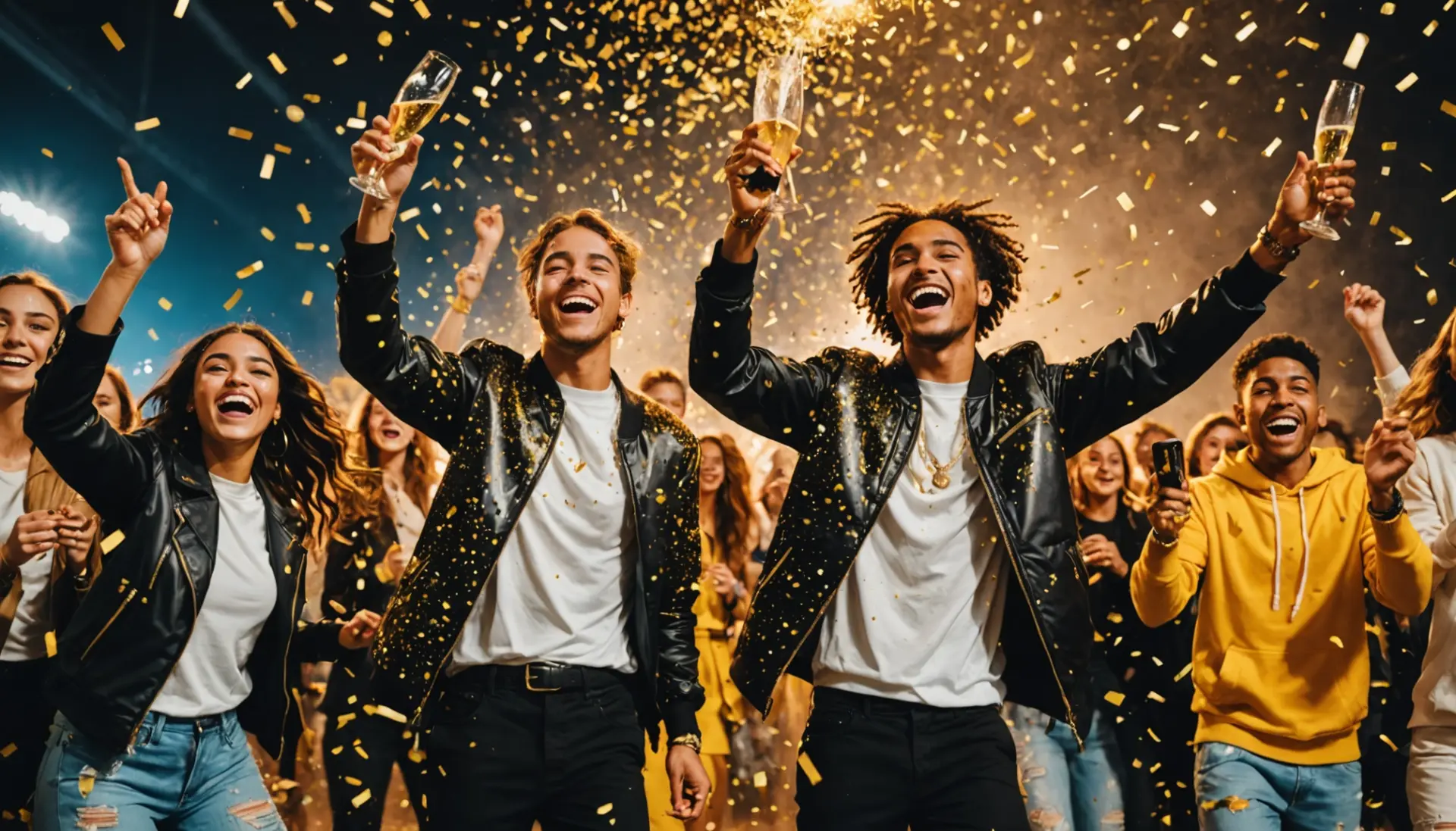 Editorial photo-style illustration of champagne confetti urban dictionary vibe with bubbly spray and gold confetti