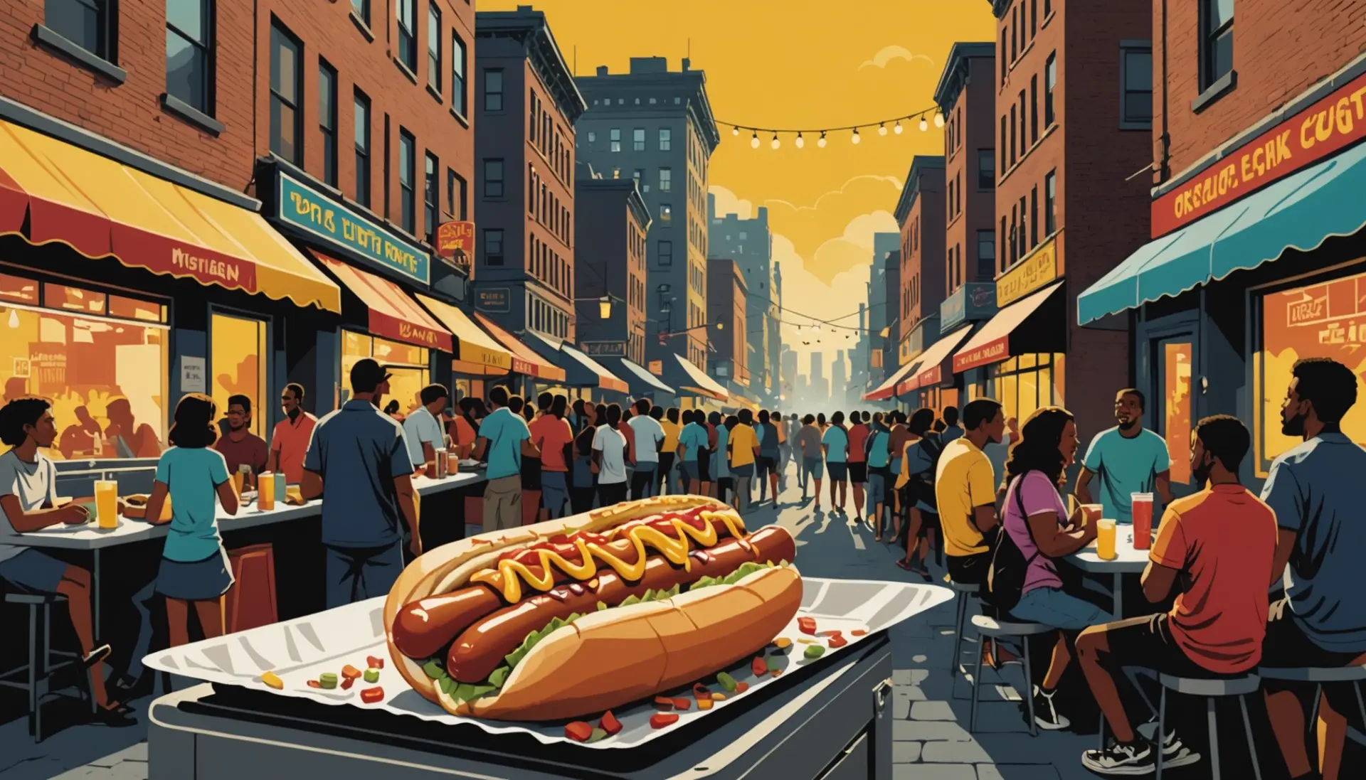 Editorial illustration showing a hot dog and a silhouetted cityscape representing 'what is glizzy slang for'