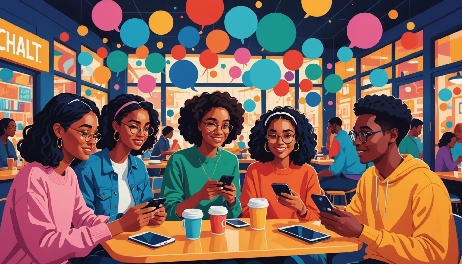Editorial illustration of people texting with chat bubbles showing the phrase htn slang