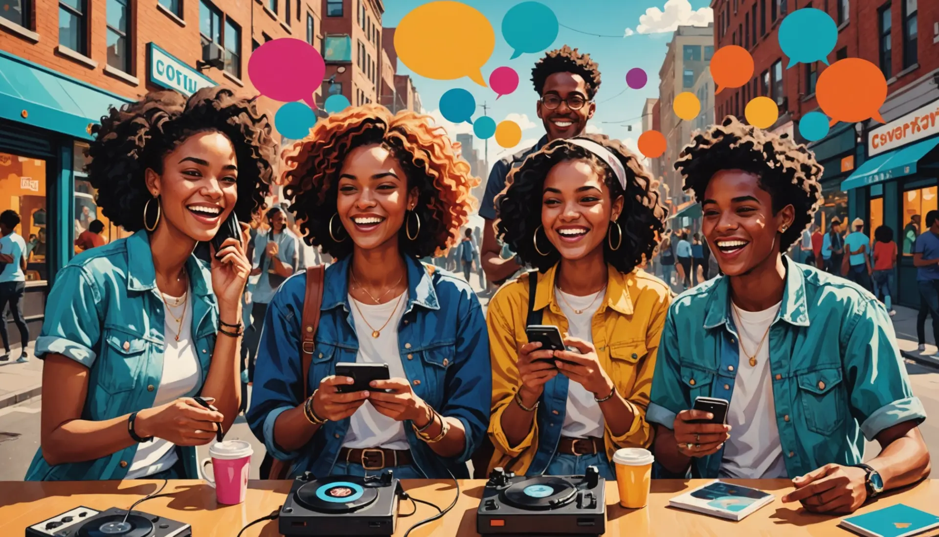Editorial illustration of young people using 'ella' in captions, representing the phrase 'ella slang definition'