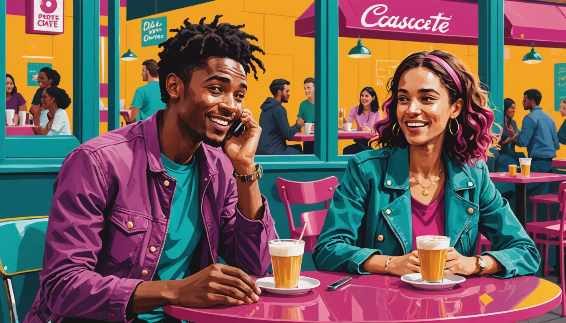 Editorial illustration of two people laughing with the phrase pearl necklace meaning urban dictionary in mind