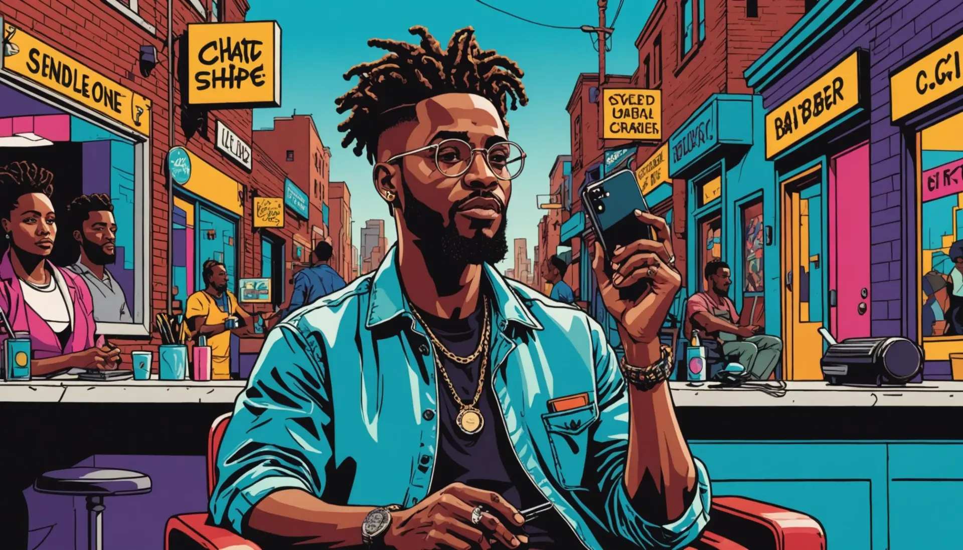 Editorial illustration representing loc meaning slang with people texting, hair locs, and neon 'loc' vibes