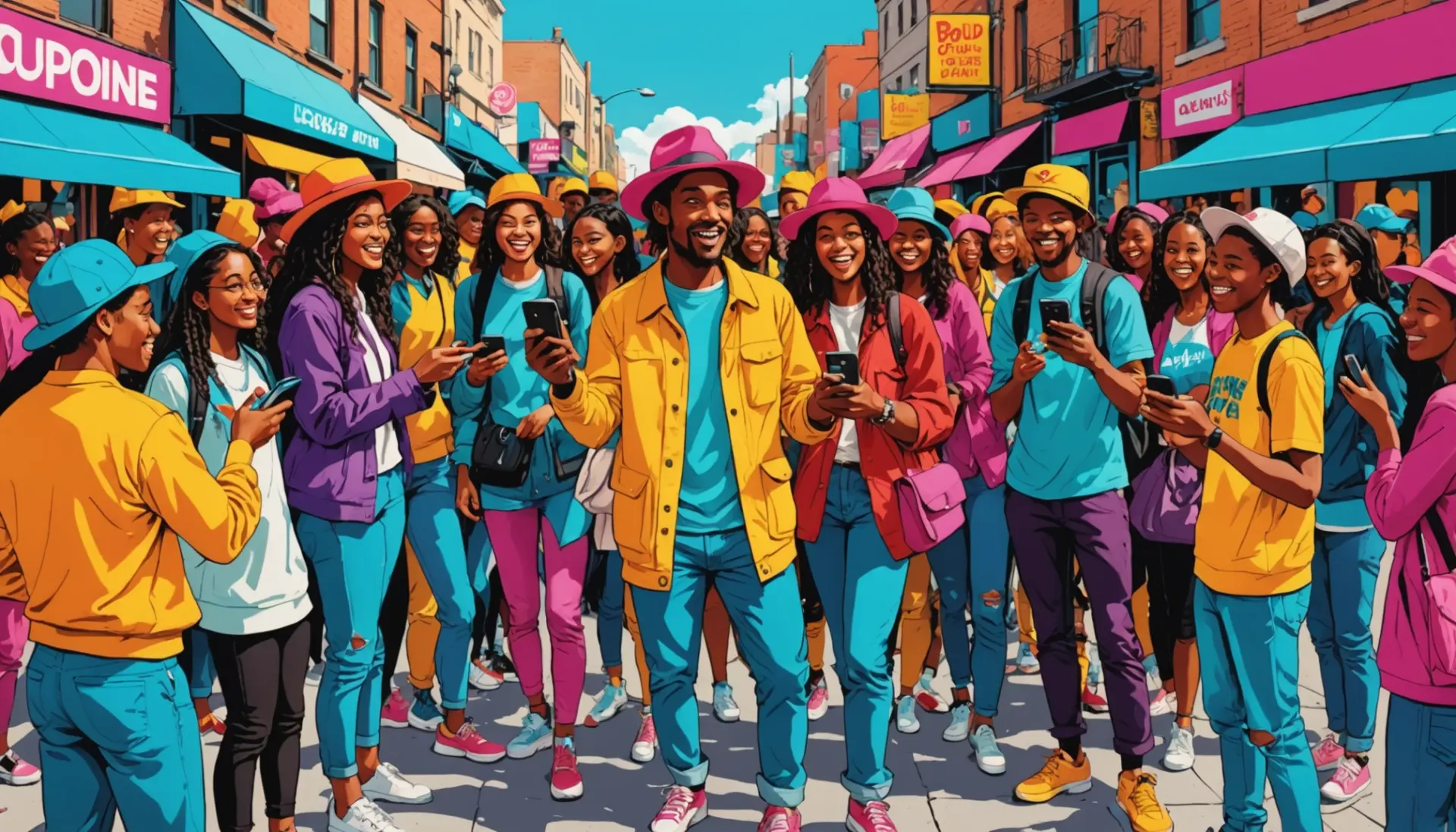 Editorial illustration of people reacting to a street vendor with hats, caption theme 'what does caps for sale mean' in mood, no words in image