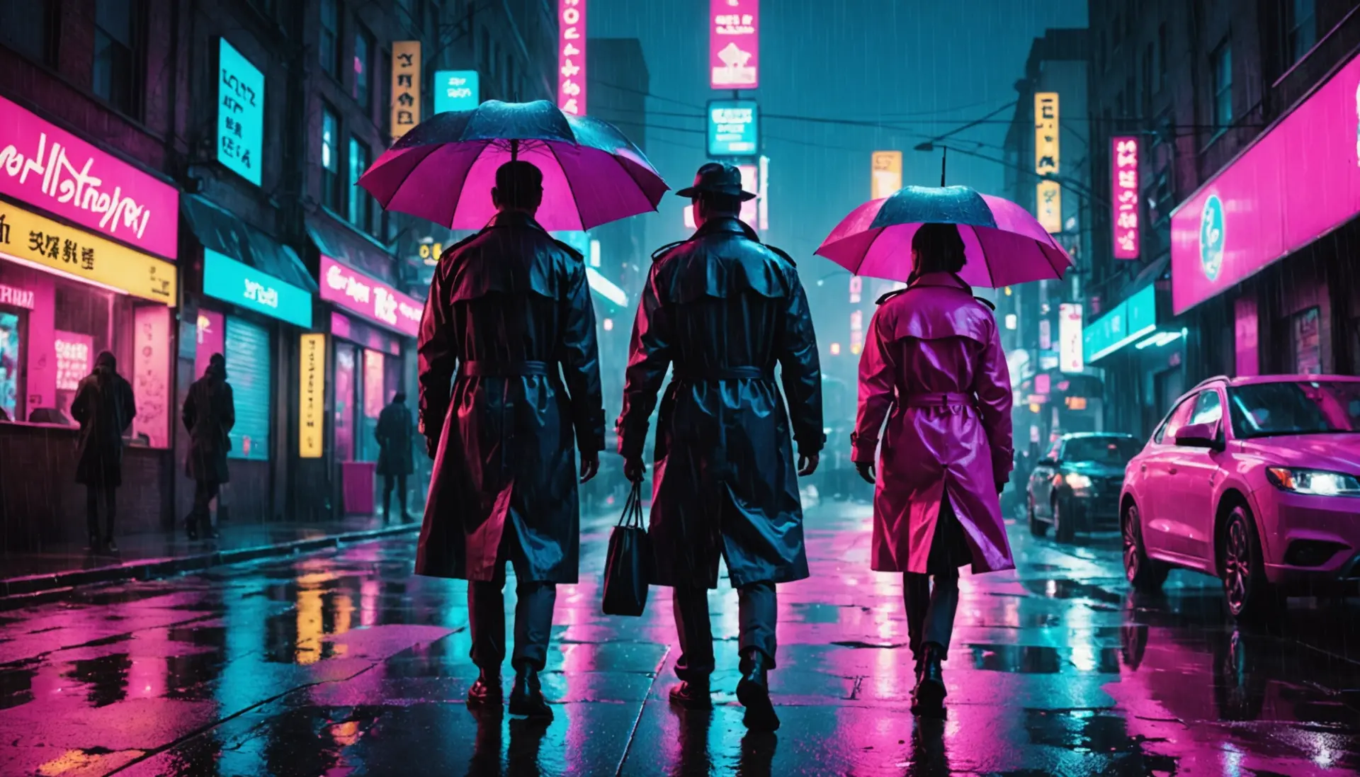 Editorial illustration showing neon streets and characters to represent what does neo noir mean