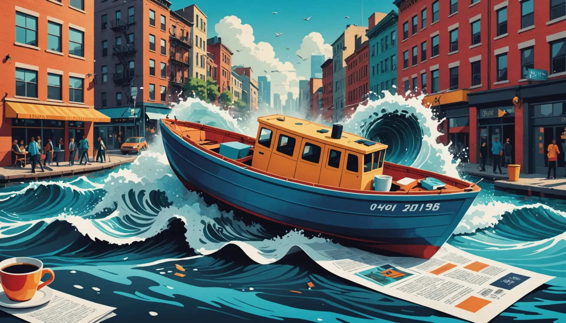 Editorial illustration showing a capsized boat and a spilled coffee to symbolize what does capsize mean metaphorically
