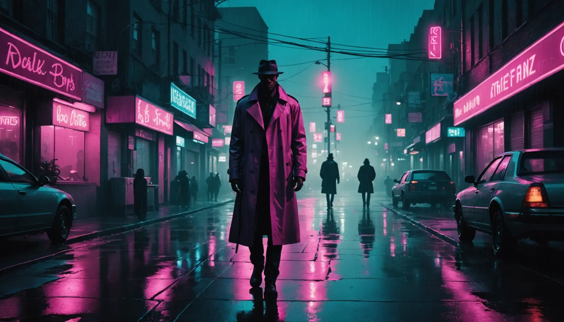 Editorial illustration showing a neon cityscape with characters and moody lighting, representing what does neo-noir mean