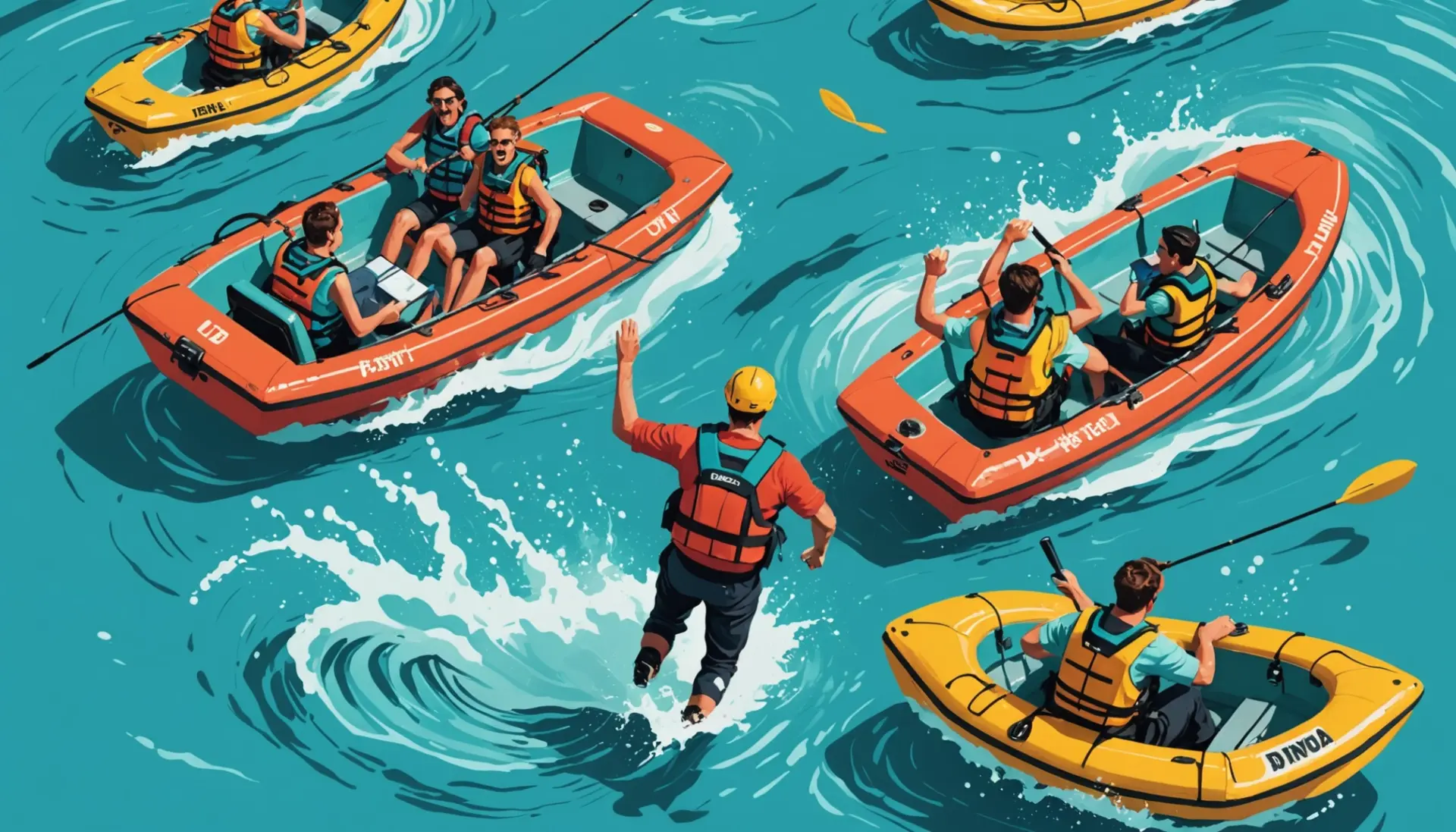 Illustration showing the phrase what does it mean when a boat capsizes with a flipped boat and people reacting