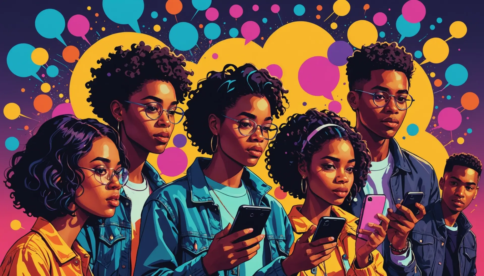 Editorial illustration representing the phrase sym urban dictionary with colorful slang bubbles