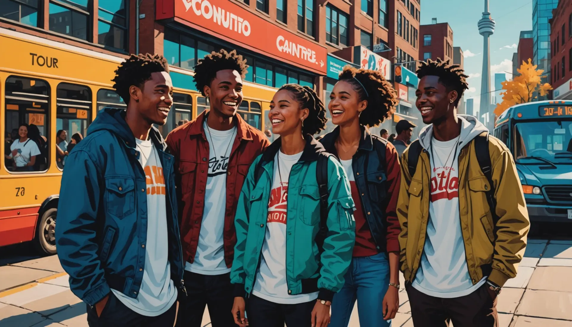 Illustration showing diverse young people using toronto slang words in a city scene