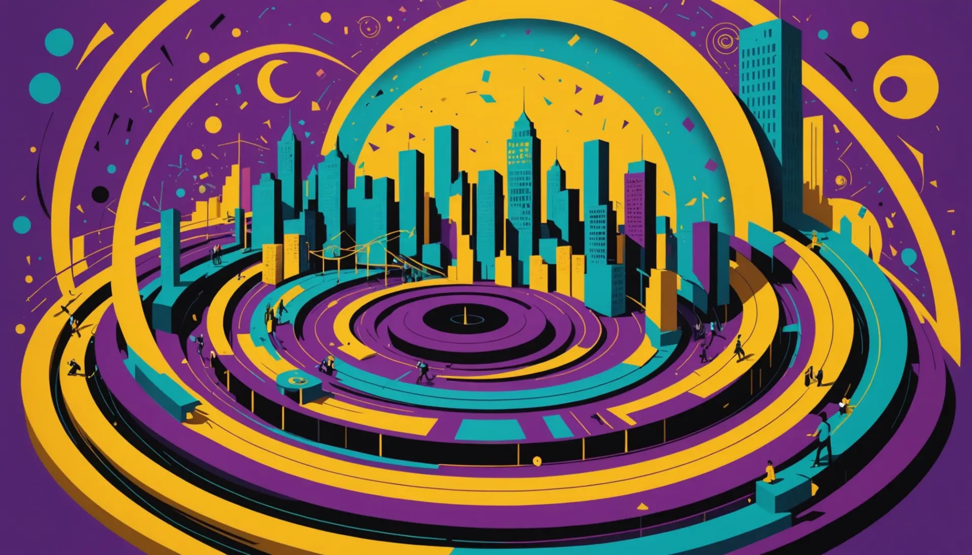 Editorial illustration showing chaos and a carnival slide, representing what does helter skelter mean