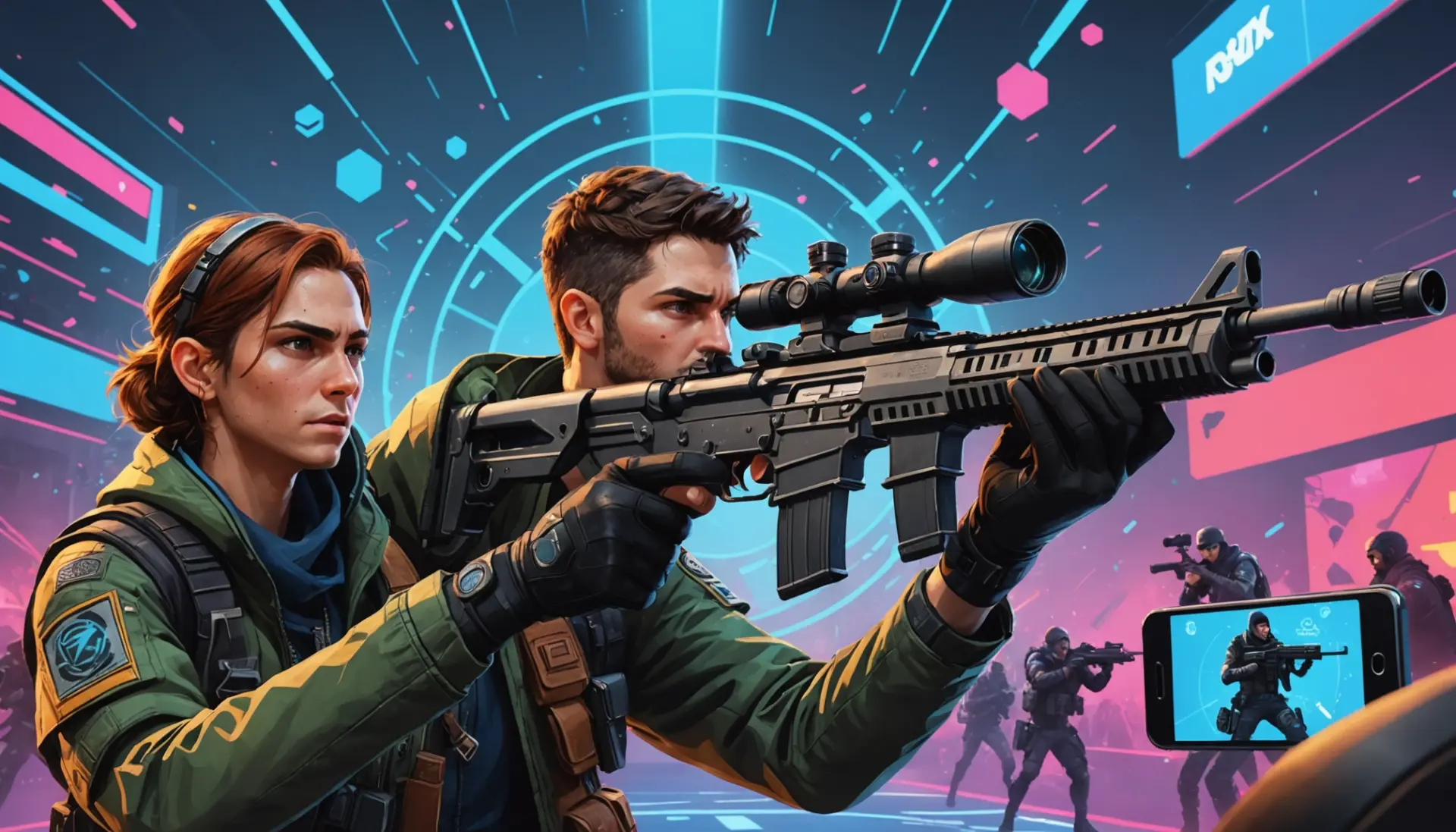 Editorial illustration showing gamers and an auction timer with the phrase what does snipe mean in concept