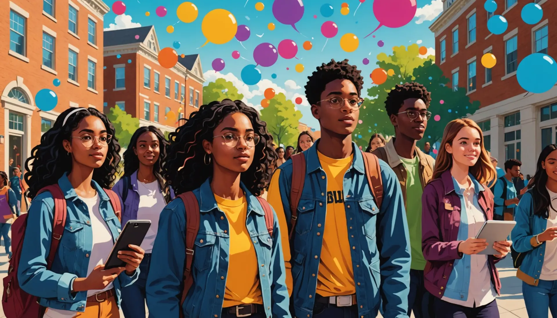 Editorial illustration showing college students and social media posts with the phrase pnm urban dictionary highlighted