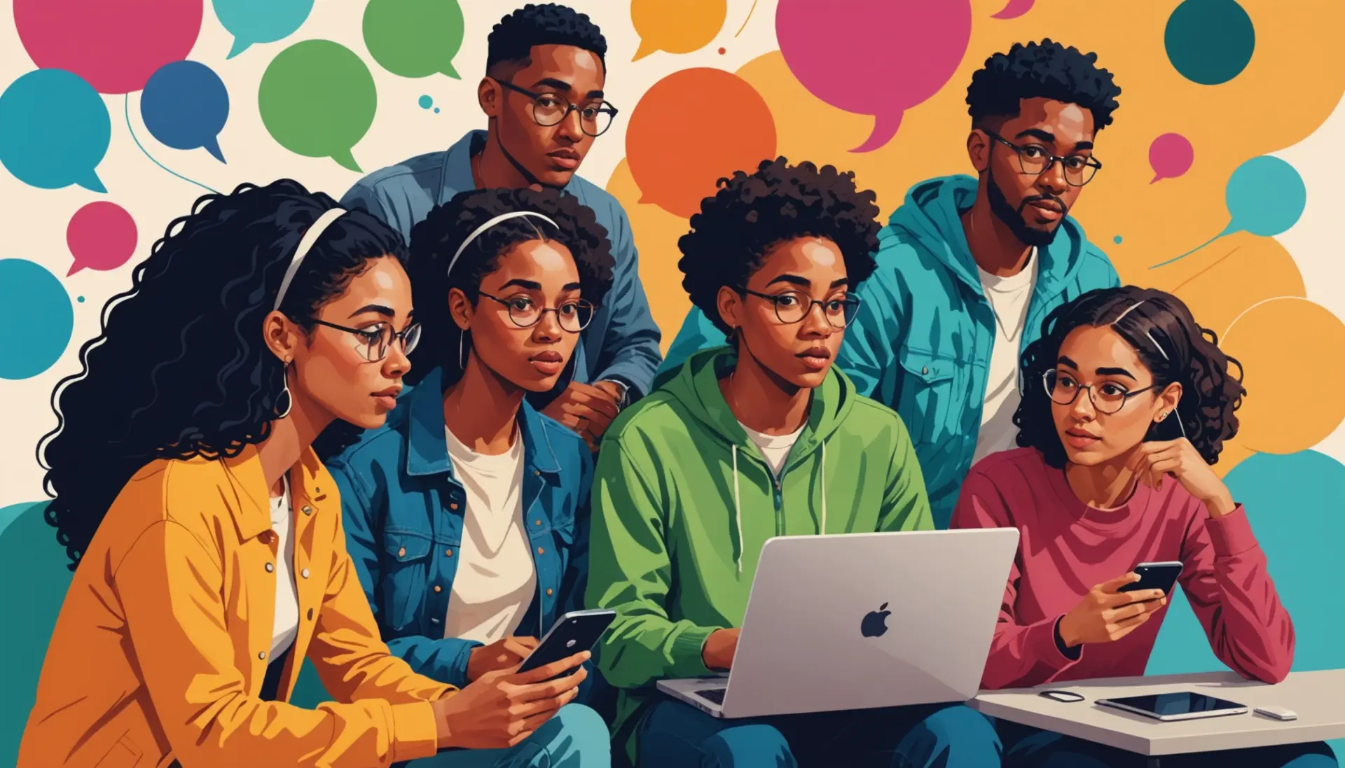 Editorial illustration showing people discussing 'anr urban dictionary' online, colorful and expressive