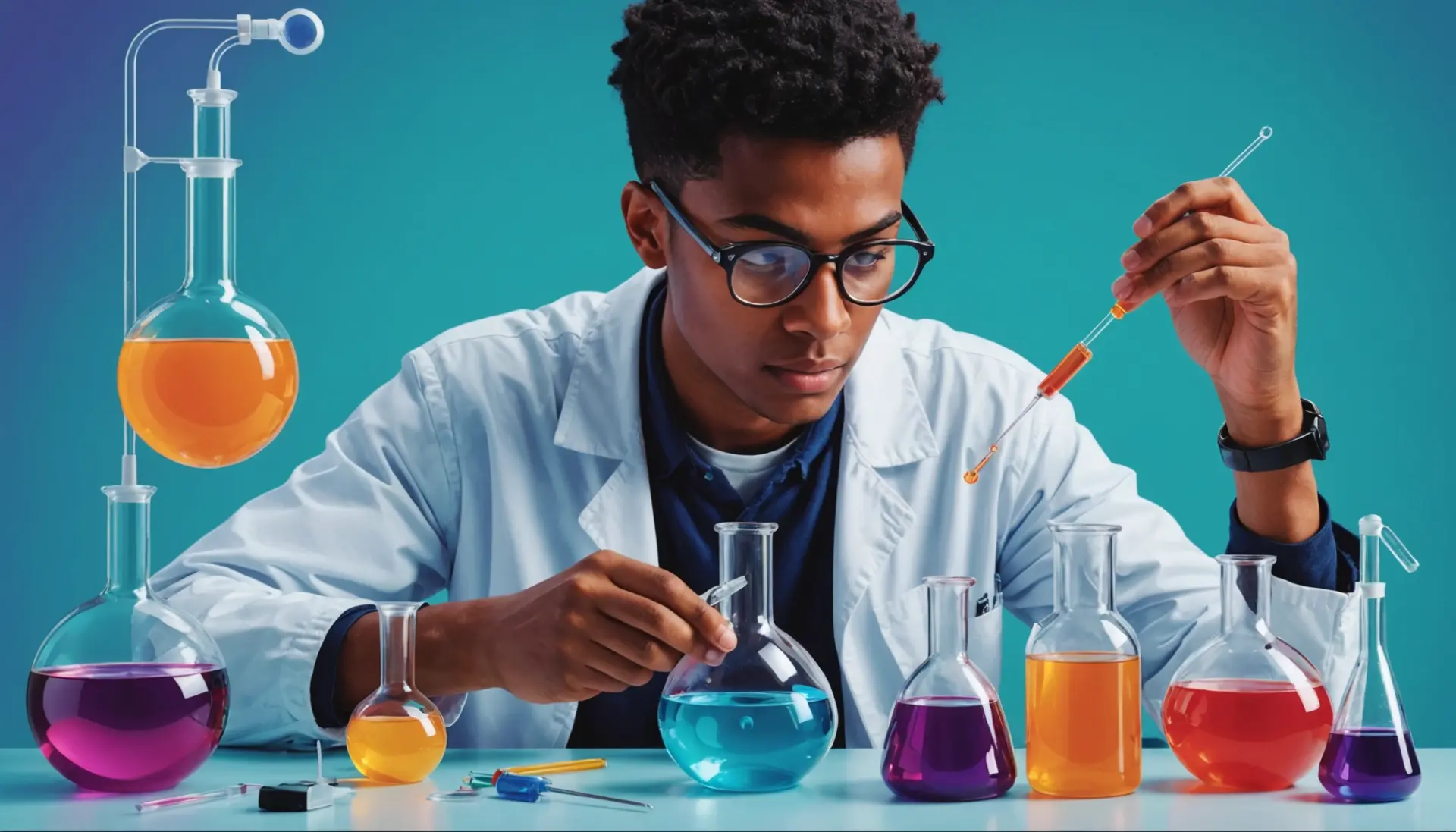 Editorial illustration showing the phrase what does titrate mean, with lab glassware and a dose meter concept