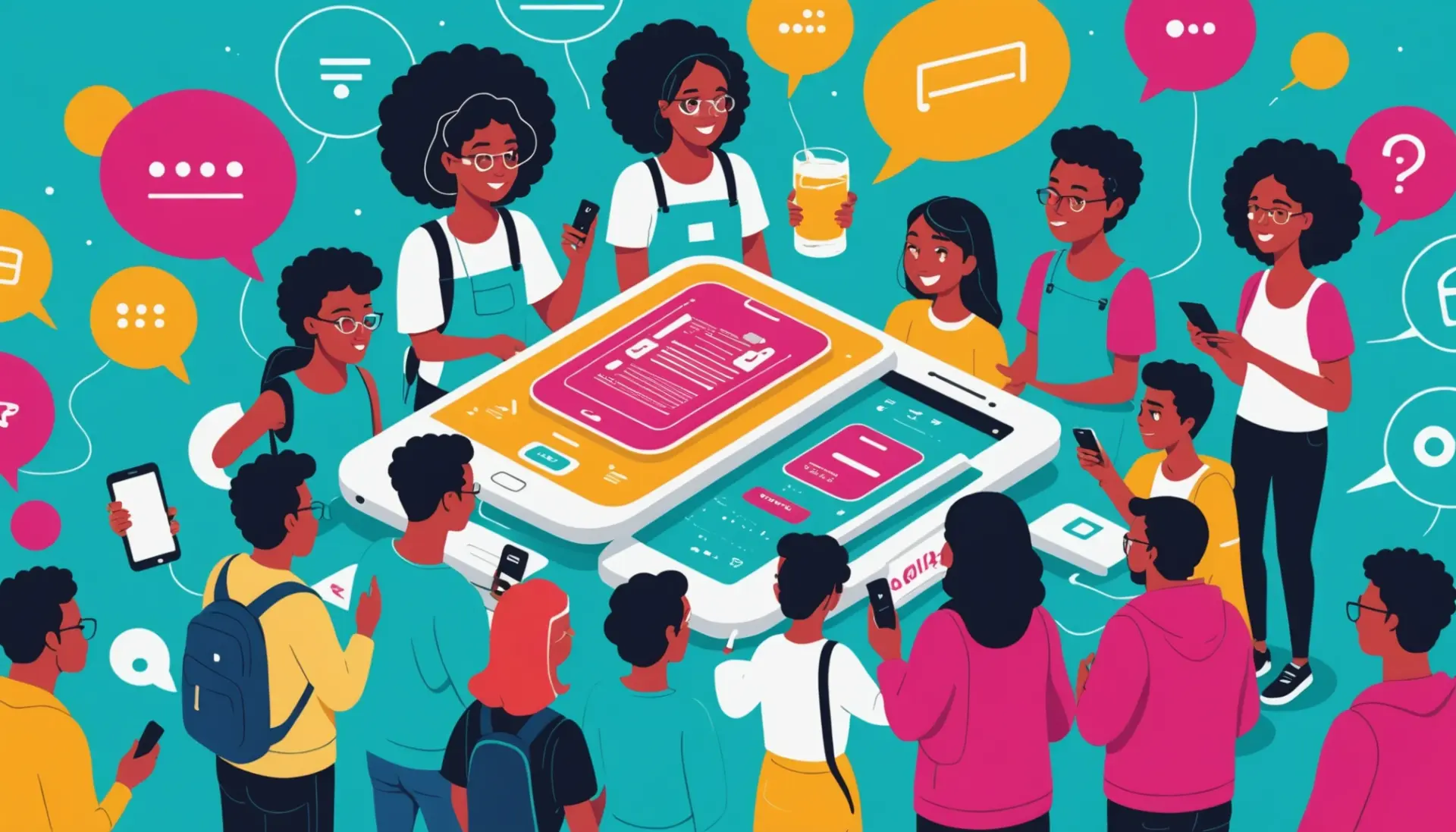 Editorial illustration showing people milking urban dictionary concept with phones and speech bubbles, milking urban dictionary