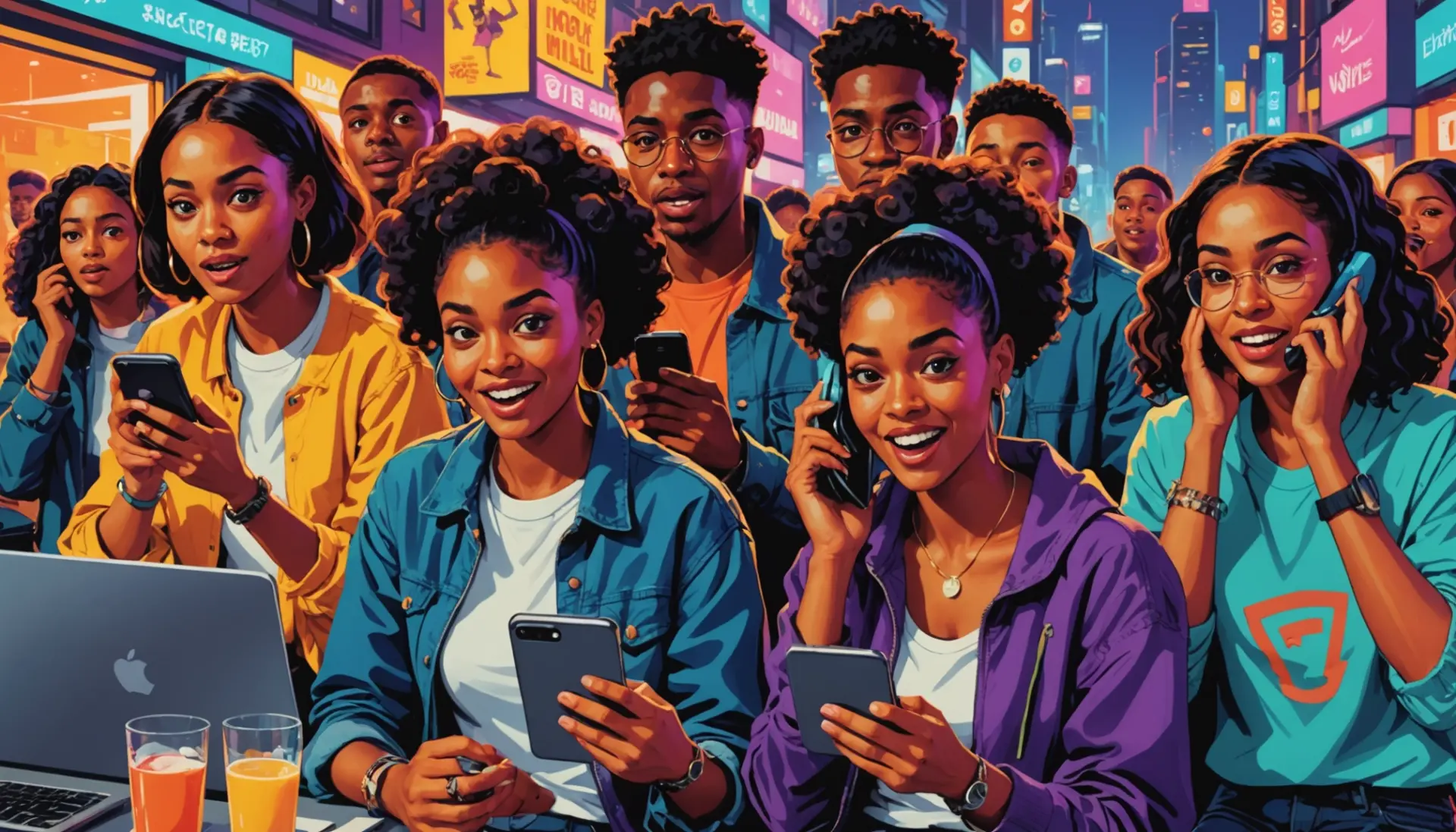 Editorial illustration of young people reacting to social media, captioned scene evokes the phrase sunk slang