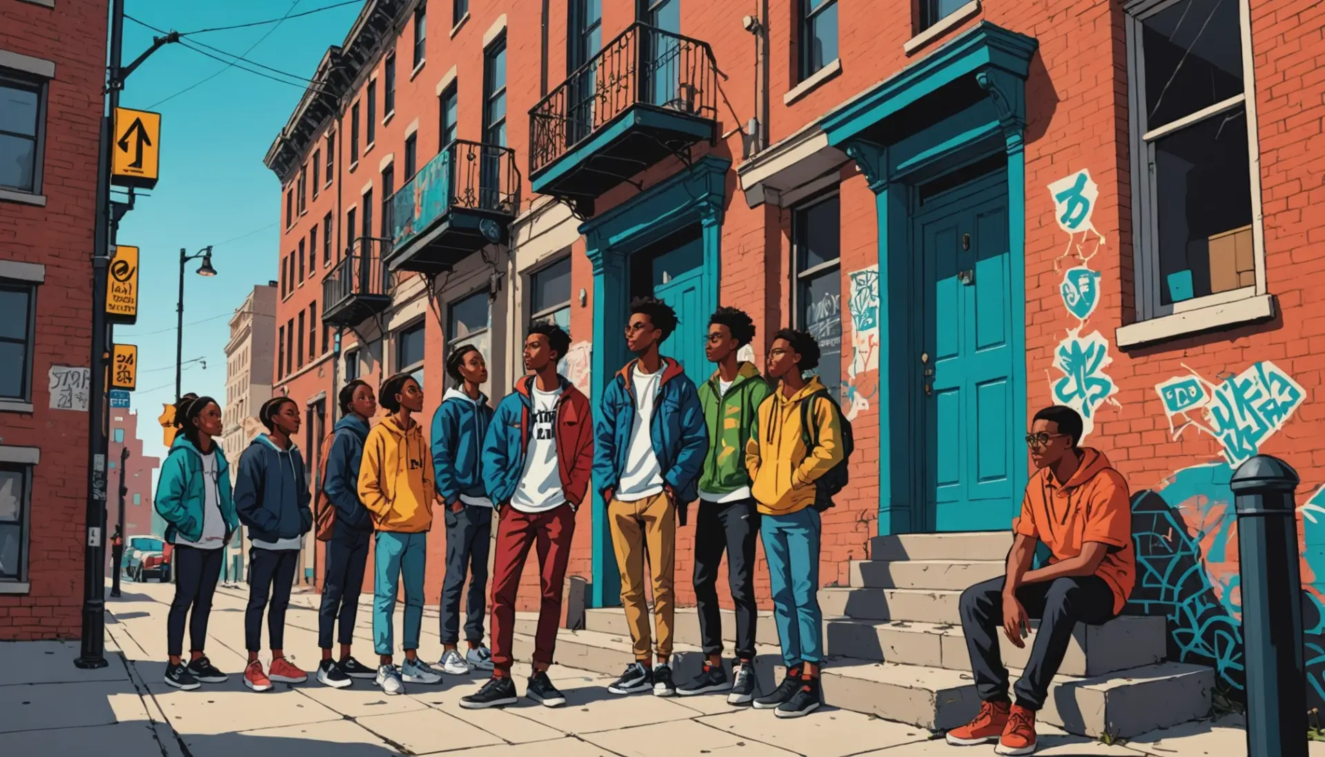 Colorful editorial illustration showing people claiming a neighborhood corner, representing what does turf mean in slang
