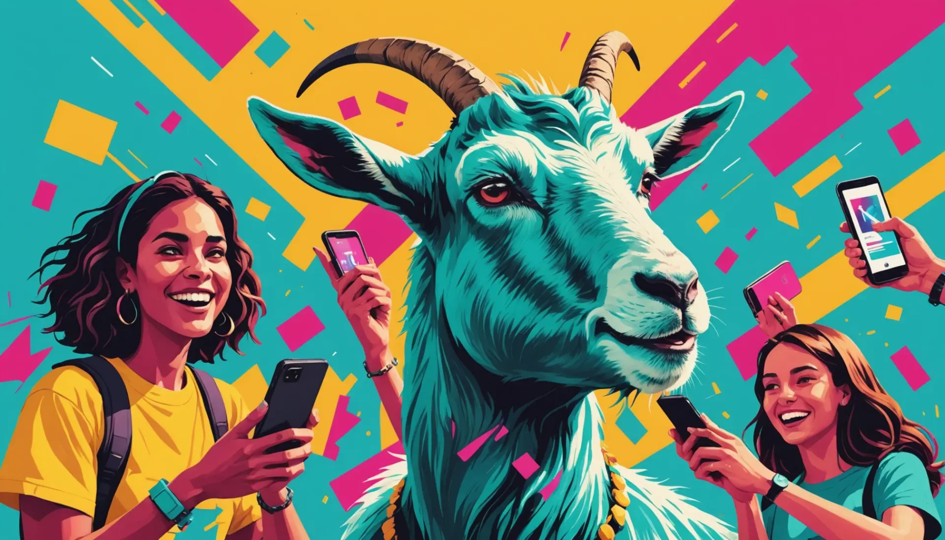 Editorial illustration showing a colorful angry goat meme scene, with people reacting — angry goat urban dictionary