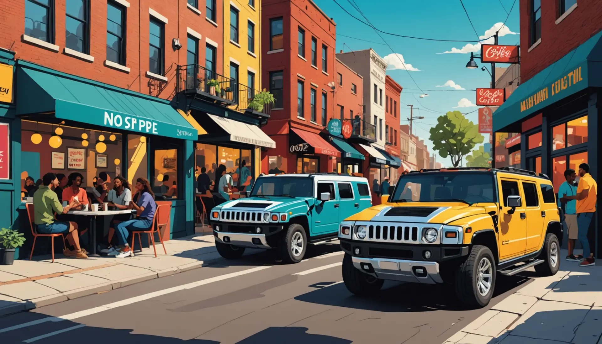 Editorial illustration showing diverse people reacting to the phrase 'what is hummer slang for' in different contexts