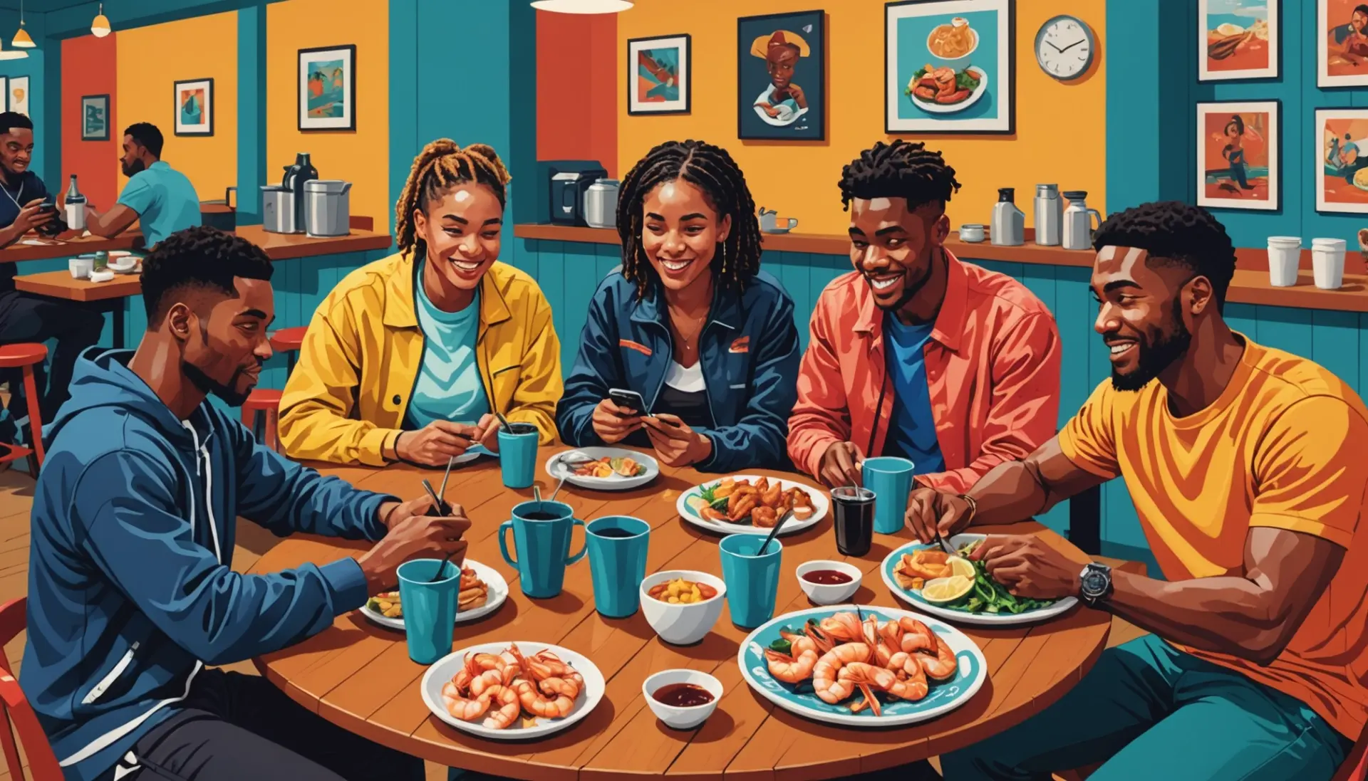 Editorial illustration showing young people using shrimping slang on their phones, with subtle coastal and gym motifs, shrimping slang