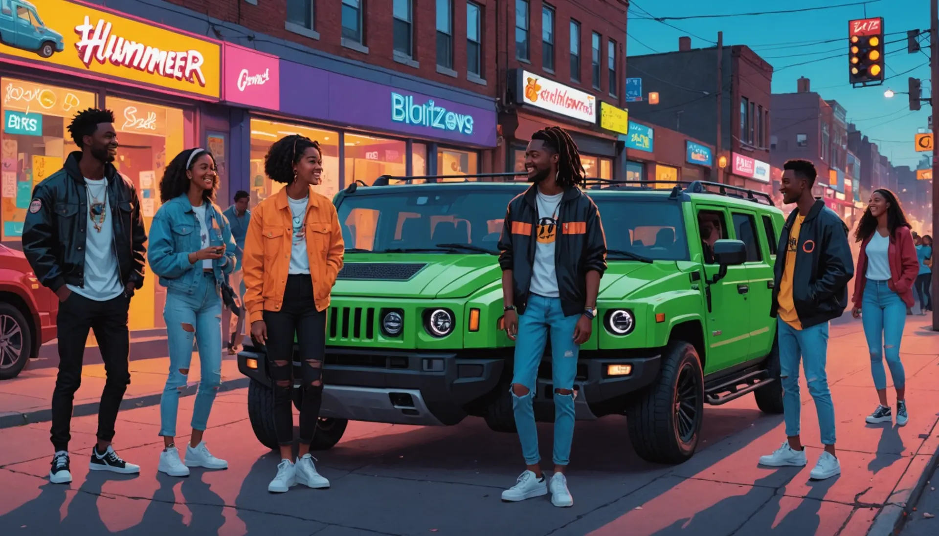 Editorial illustration showing urban scene with people and a Hummer, representing what does hummer mean in slang