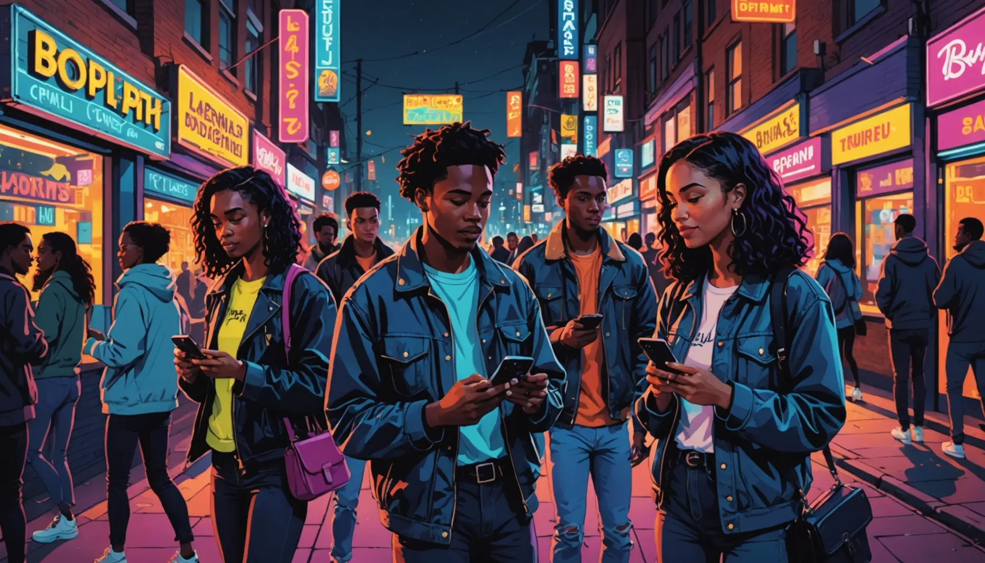 Editorial illustration representing urban dictionary birmingham booty call with diverse city nightlife characters