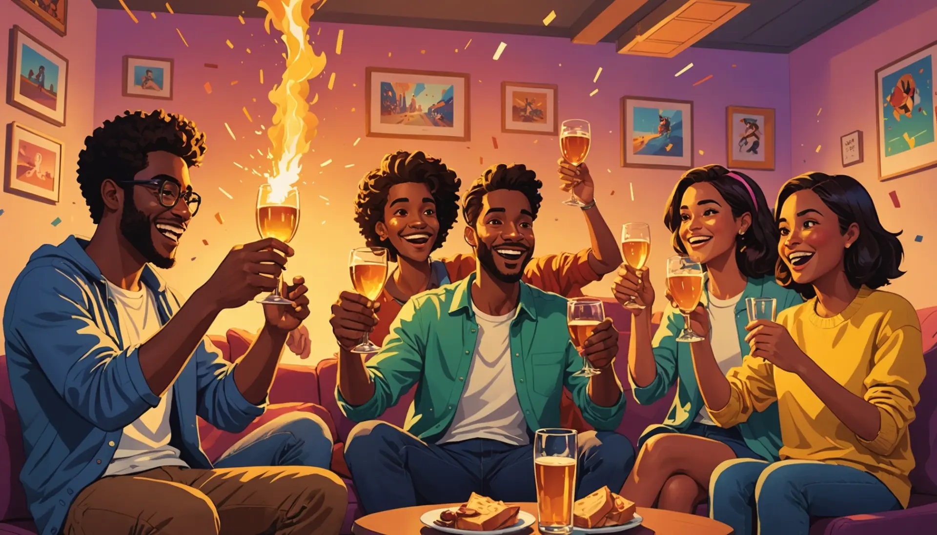 Editorial illustration of people toasting and a burnt piece of toast, showing 'toast meaning slang'