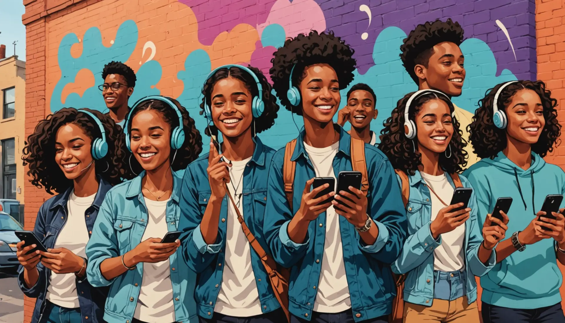 Editorial illustration showing young people using 'aye slang' while texting and listening to music