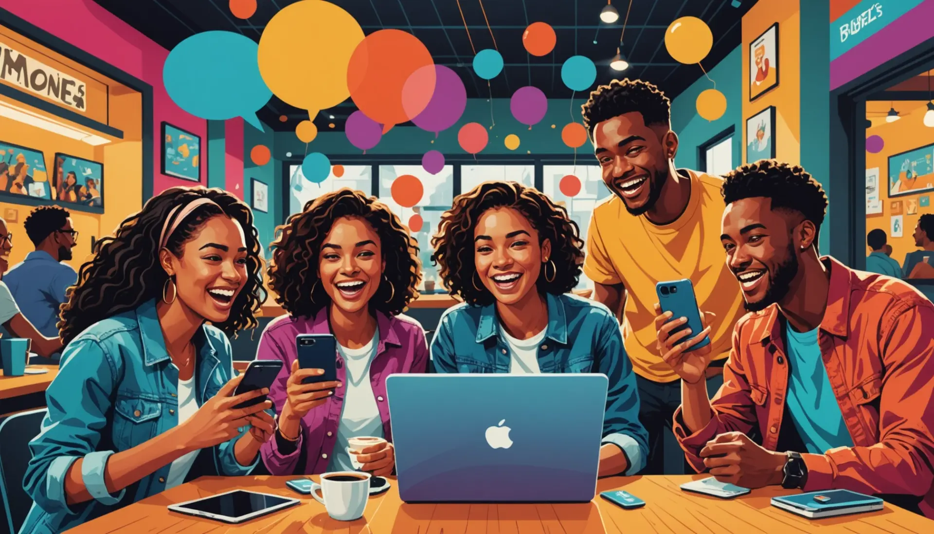 Editorial illustration of people using phones and saying bing definition slang with search engine and meme iconography
