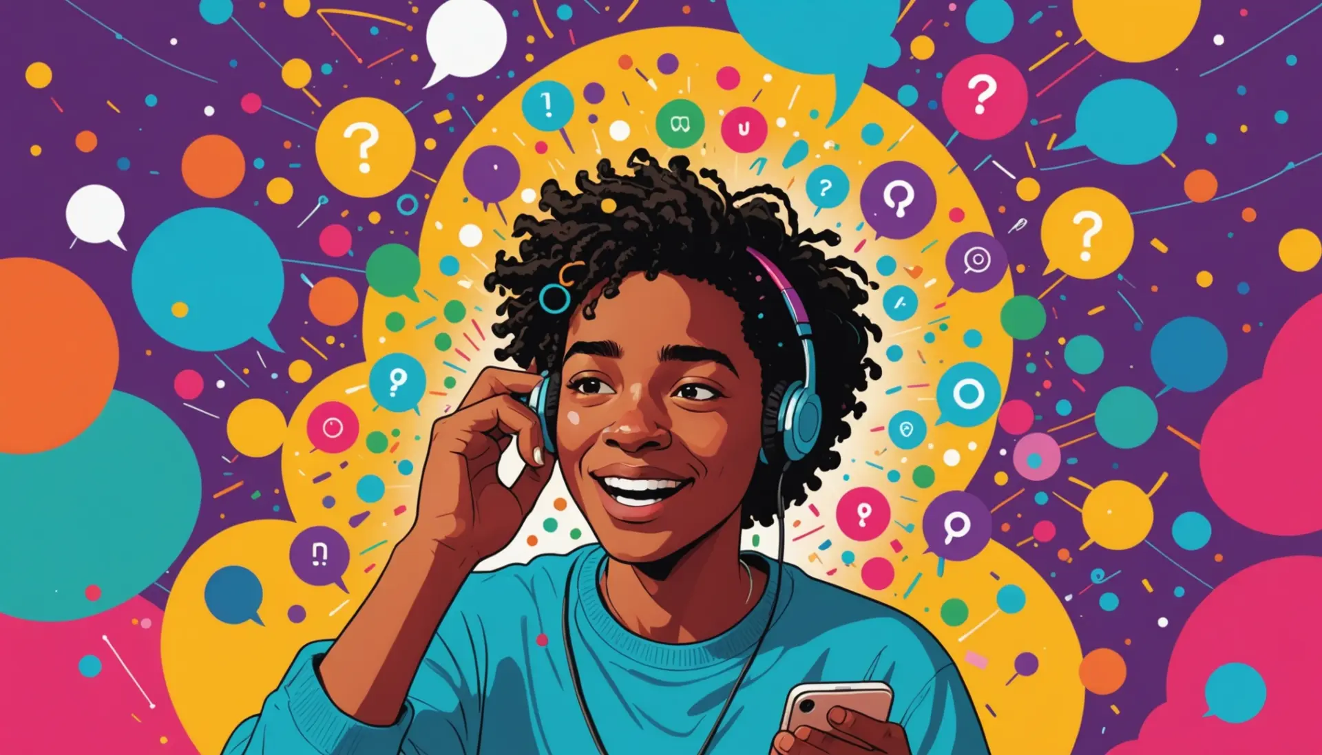 Editorial illustration depicting the phrase bing meaning slang with a person reacting to a phone showing a search result