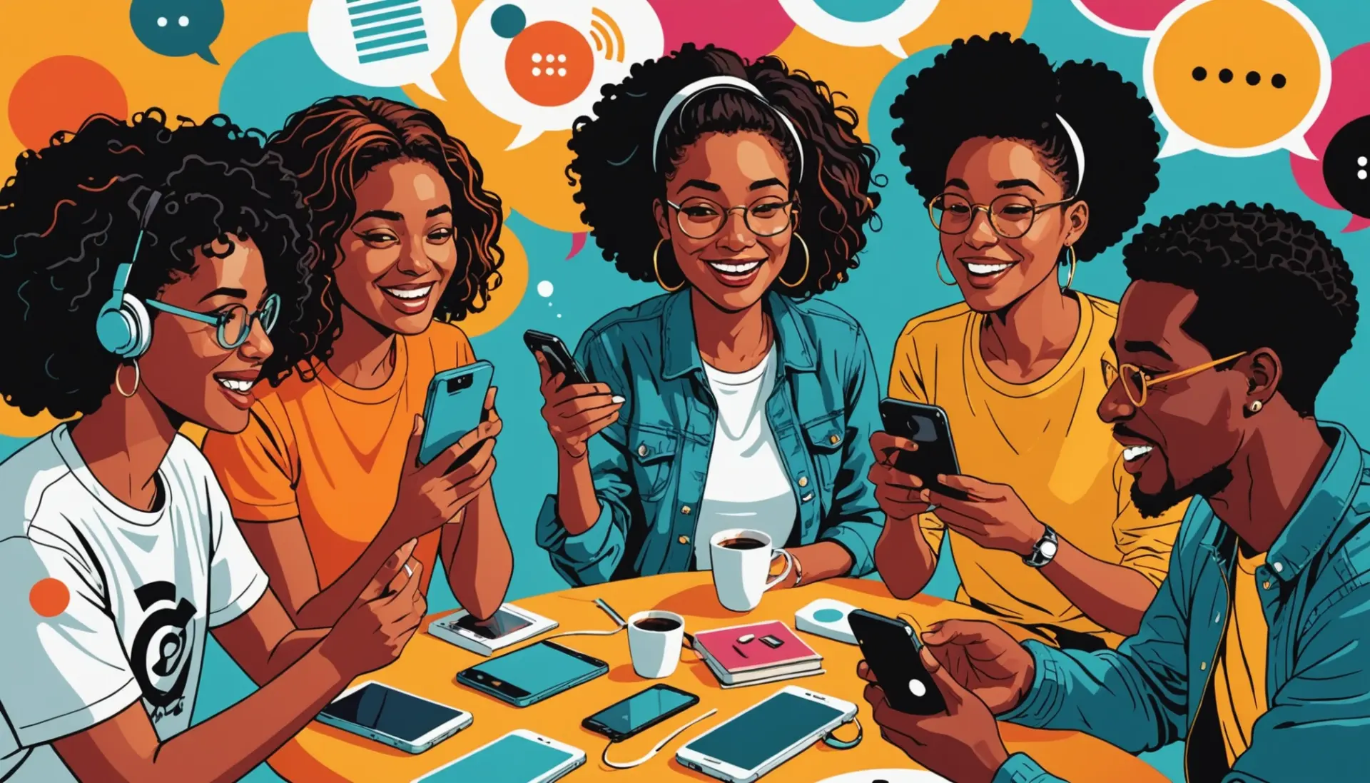 Editorial illustration showing people using phones with speech bubbles that include the phrase bing slang meaning