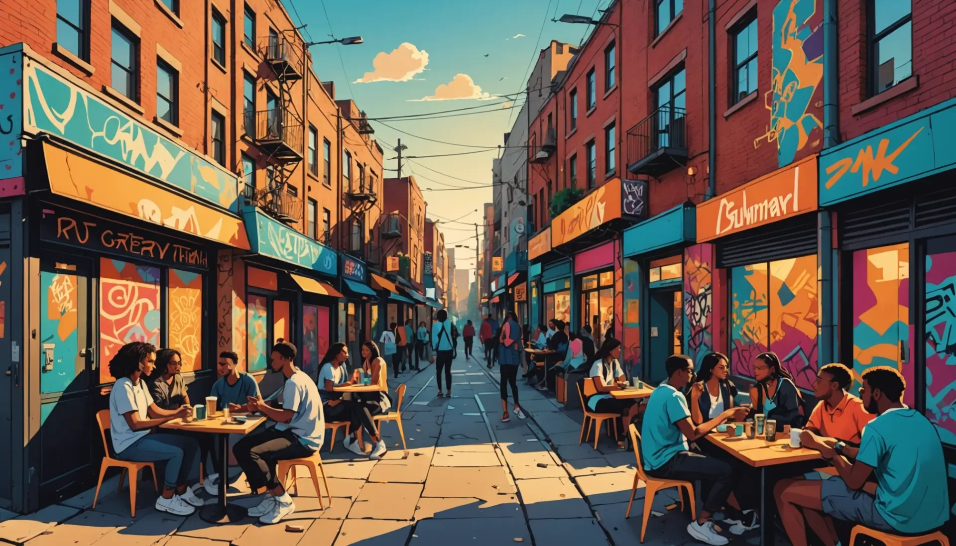 Illustration showing street scene with graffiti that reflects the phrase what is a turf urban dictionary