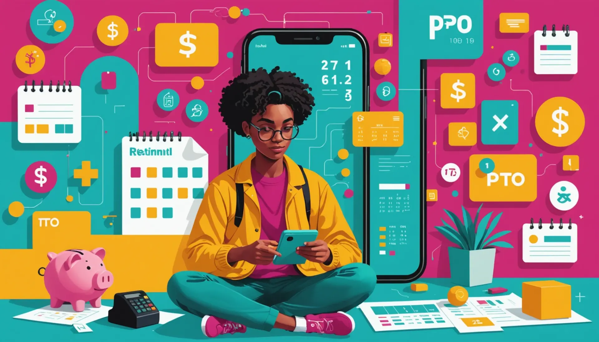 Editorial illustration showing the phrase what does benes mean with icons for benefits like health, PTO, and 401k
