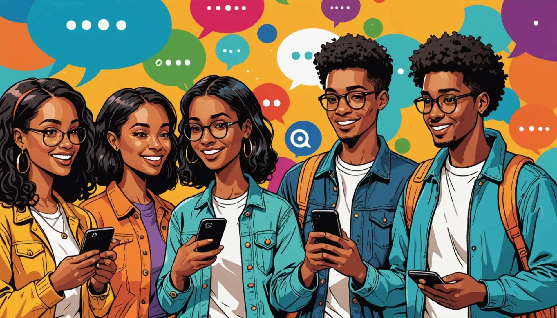 Editorial illustration showing people asking what does bing mean with phones and speech bubbles