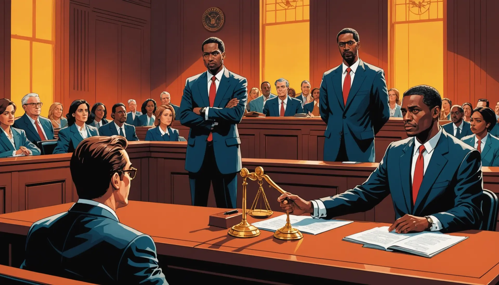 Editorial illustration of courtroom scene with text overlay concept showing what does it mean to impeach a witness