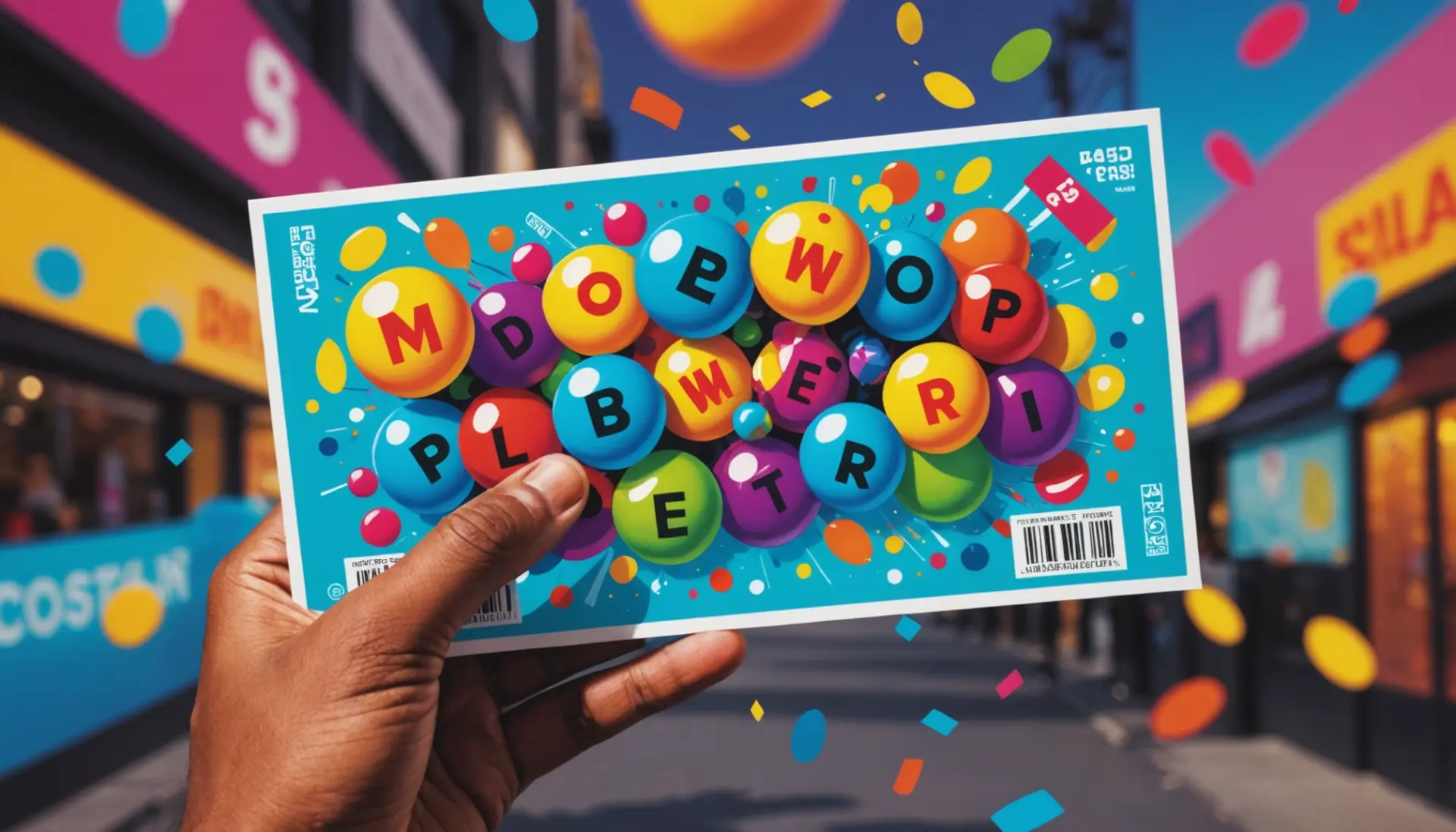 Illustration showing a colorful lottery ticket with the phrase what does power play mean on powerball implied in visual elements
