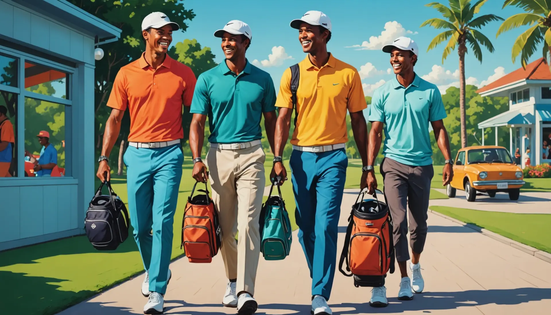 Editorial illustration of golfers and a caddie, showing caddies in golf slang vibe