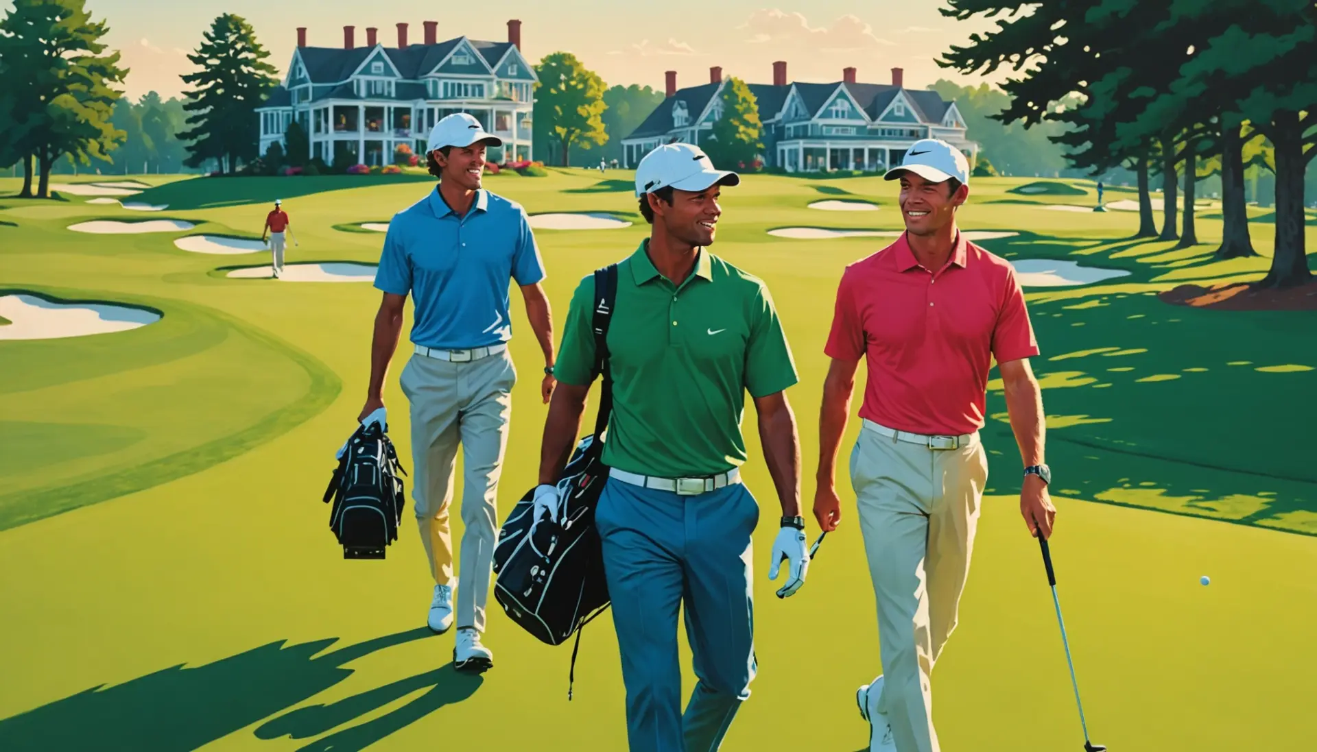 Editorial illustration of two caddies on a golf course, caption concept for caddies in golf slang nyt