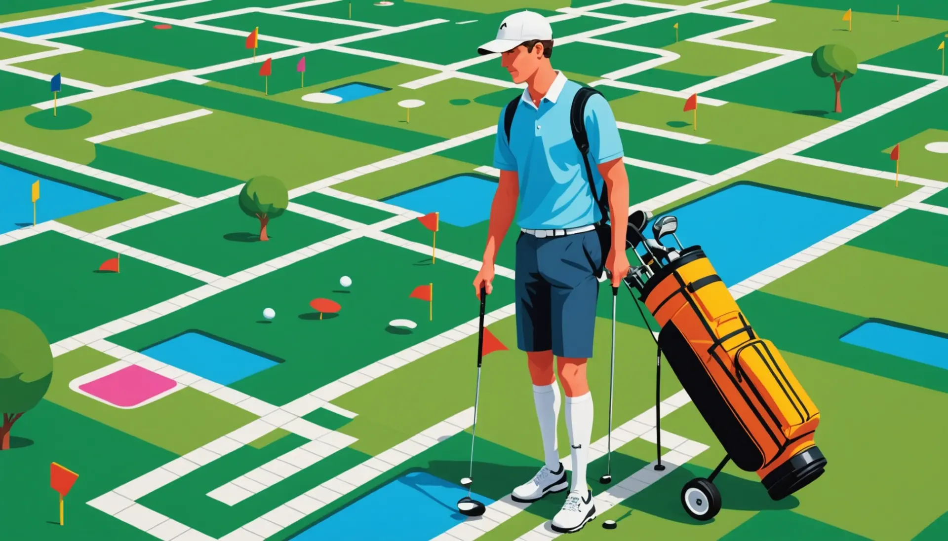 Editorial illustration showing golfers and caddies with crossword letters floating, referencing caddies in golf slang crossword