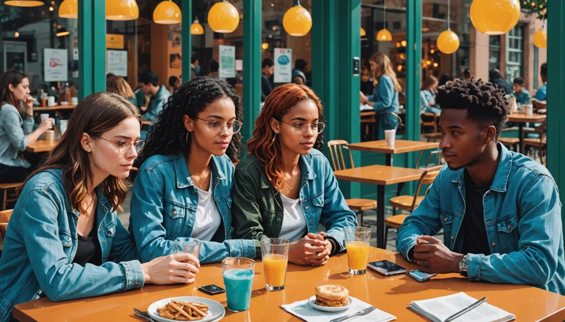 Editorial illustration showing people discussing what is clear in drug slang around a table